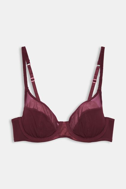 Underwired, plunge bra with mesh, BORDEAUX RED, overview