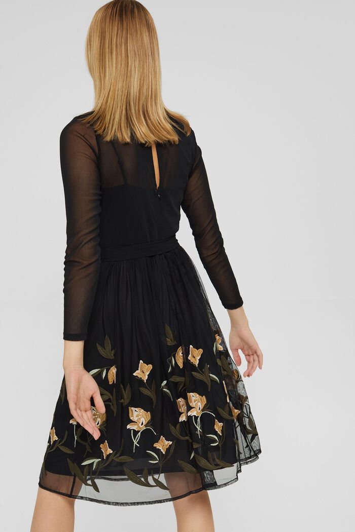 Mesh dress with floral embroidery, BLACK, detail image number 2