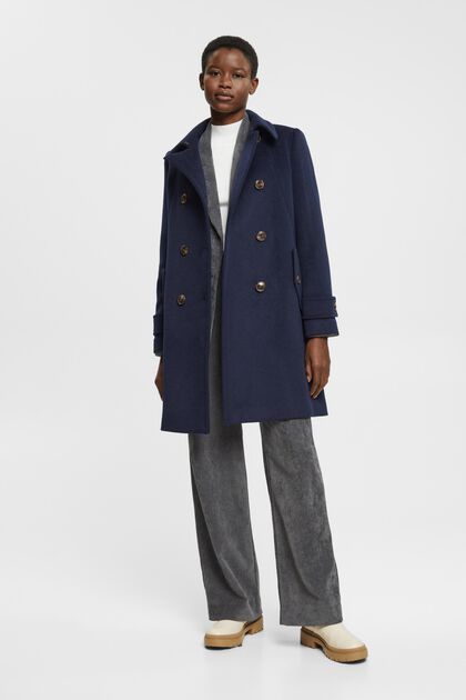Double breasted wool blend coat, NAVY, overview