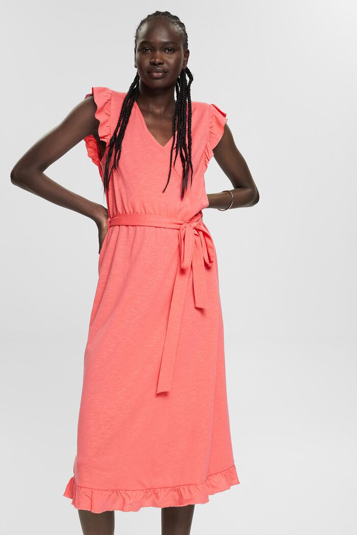 Containing TENCEL™: midi dress with a tie-around belt, CORAL RED, detail image number 0