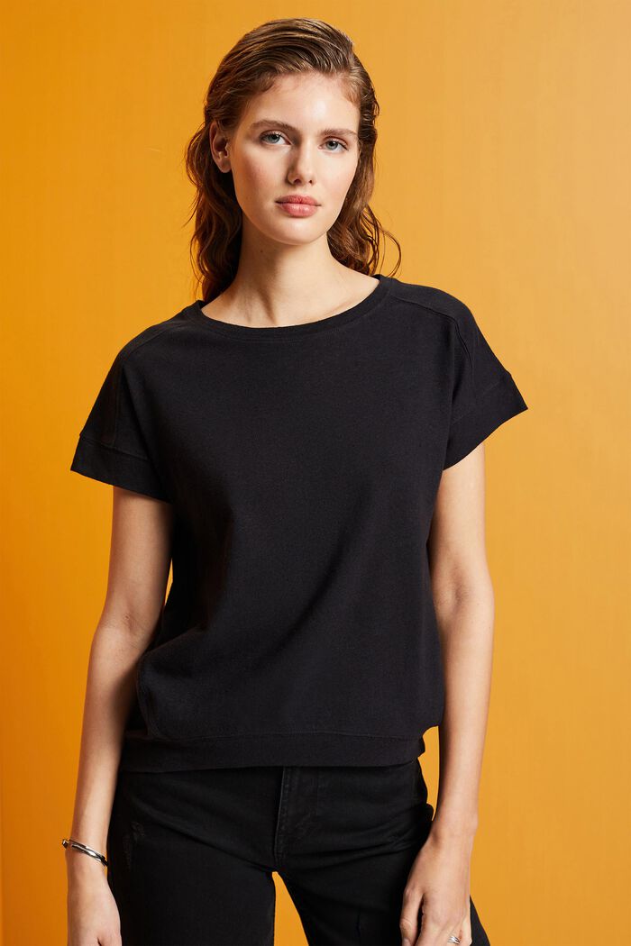 Cotton and linen blended t-shirt, BLACK, detail image number 0