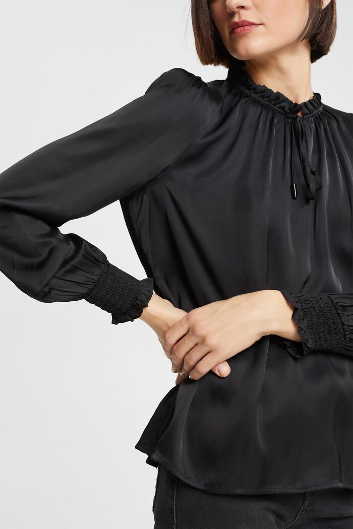 Satin ruffle collar blouse, LENZING™ ECOVERO™, BLACK, detail image number 0