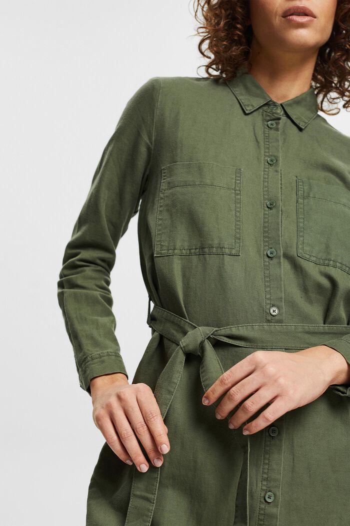 Made of blended linen: shirt dress with a belt, GREEN, detail image number 3