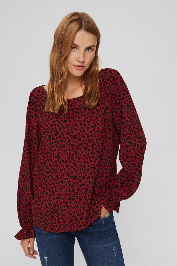 Floral blouse flounce details, made of LENZING™ ECOVERO™, DARK RED, detail image number 0