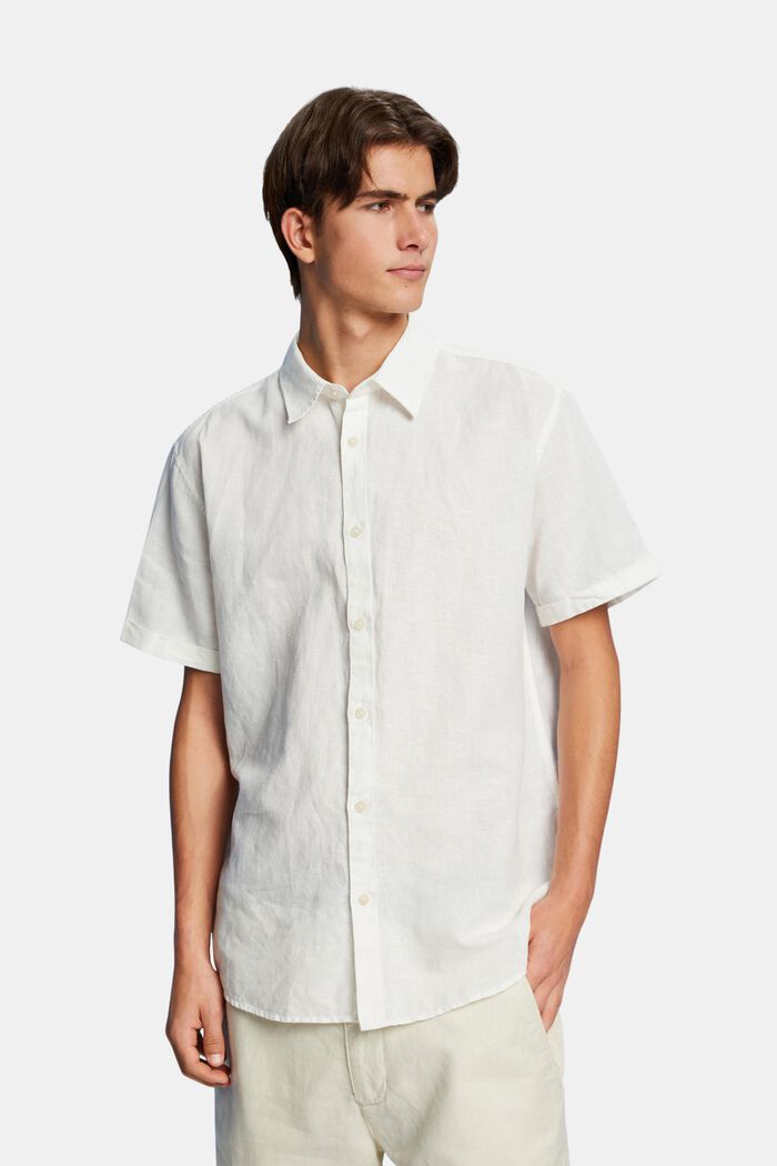 Linen and cotton blend short-sleeved shirt, OFF WHITE, detail image number 0