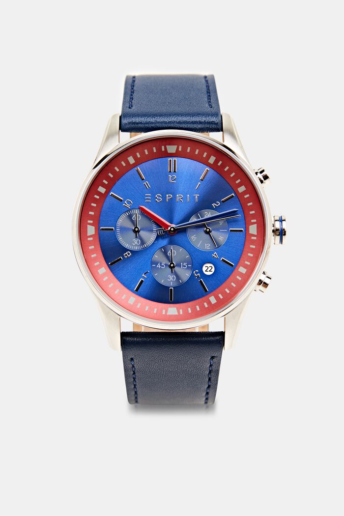Stainless steel chronograph with a leather strap, BLUE, detail image number 0