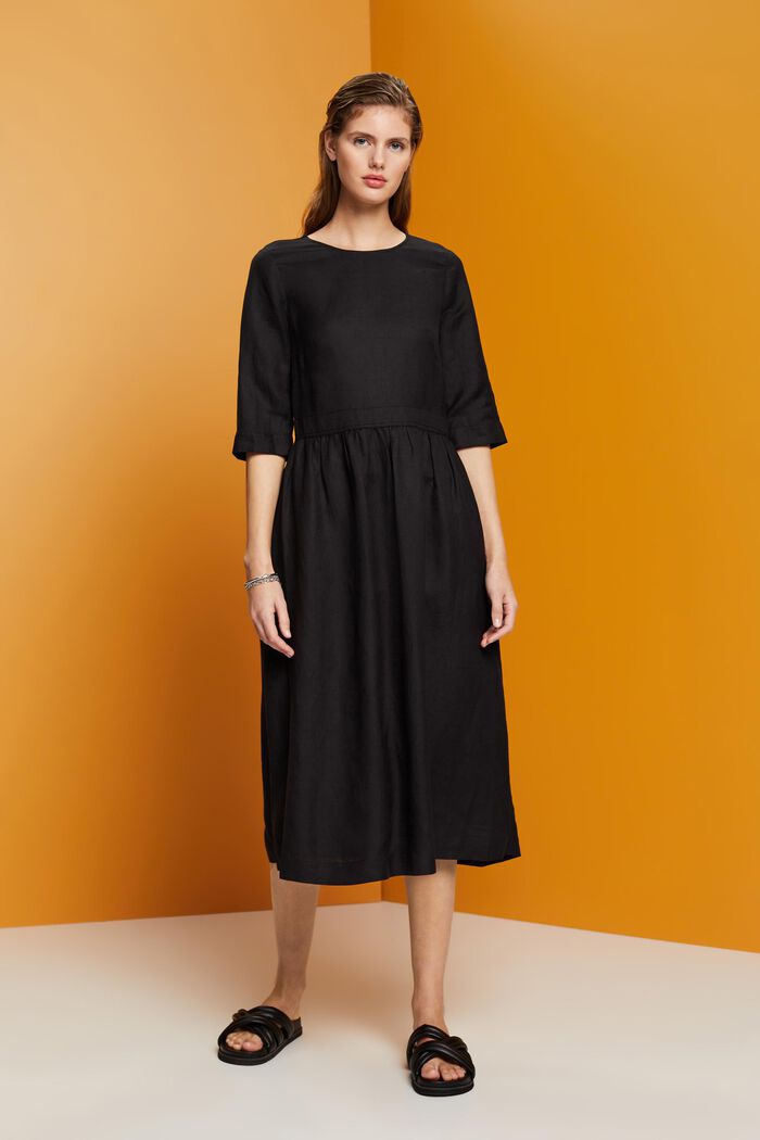 Blended linen and viscose woven midi dress, BLACK, detail image number 0