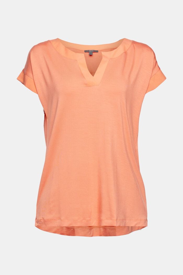 Lyocell blend T-shirt with chiffon details, CORAL ORANGE, overview