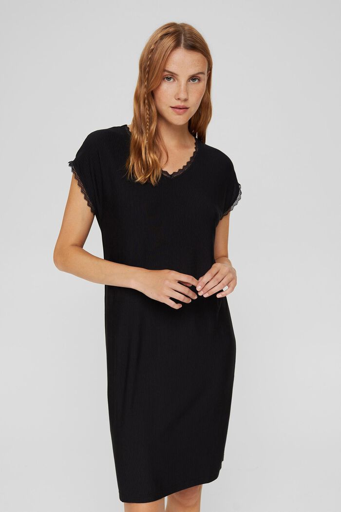 Nightdress with lace, LENZING™ ECOVERO™, BLACK, overview