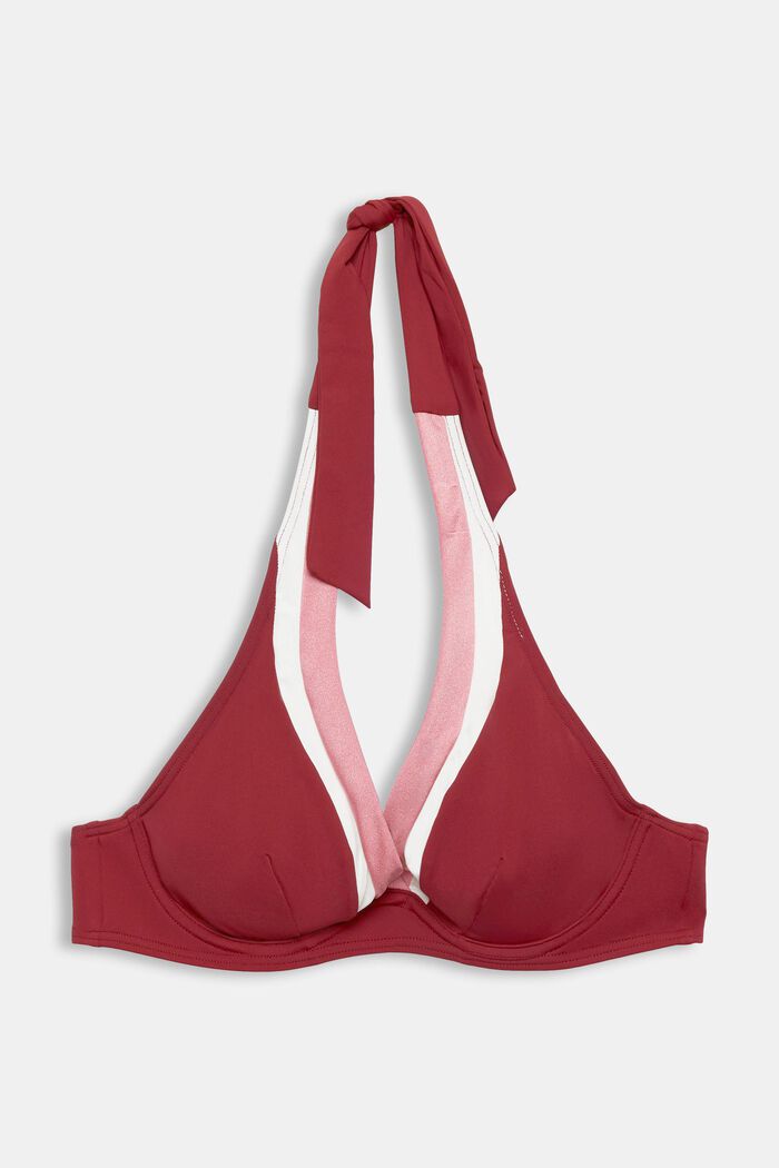 Tri-colour underwired halteneck bikini top, DARK RED, detail image number 4
