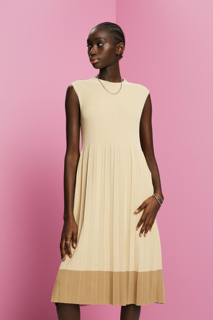 Pleated and sleeveless maxi dress with crewneck, LIGHT BEIGE, detail image number 0