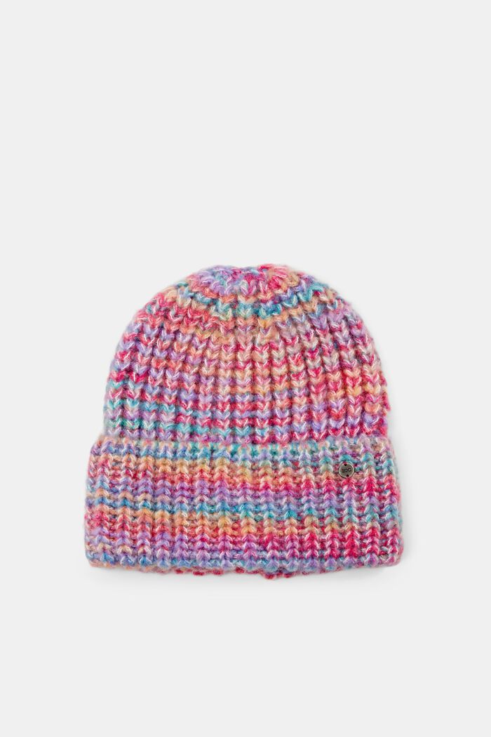 Multi-coloured knitted beanie hat with wool