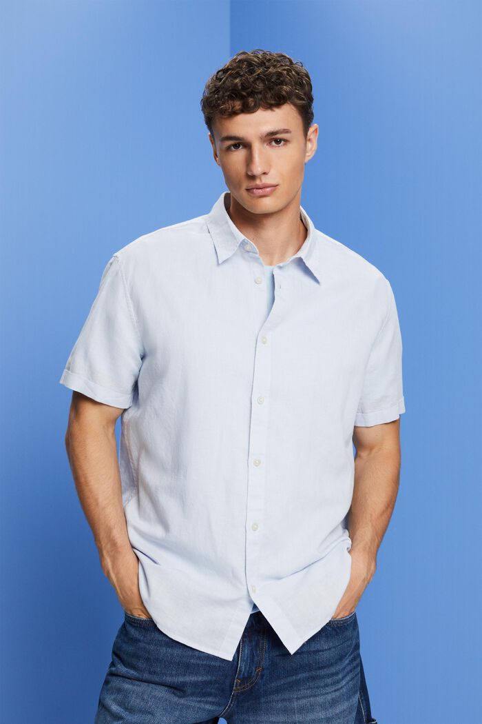 Linen and cotton blend short-sleeved shirt, LIGHT BLUE, detail image number 0