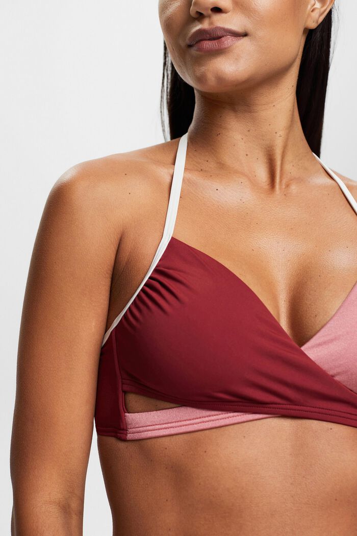 Tri-colour padded wrap-over bikini top, DARK RED, detail image number 1