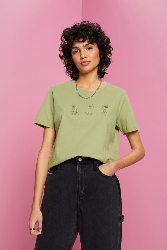 Cotton T-shirt with flower print, PISTACHIO GREEN, detail image number 0