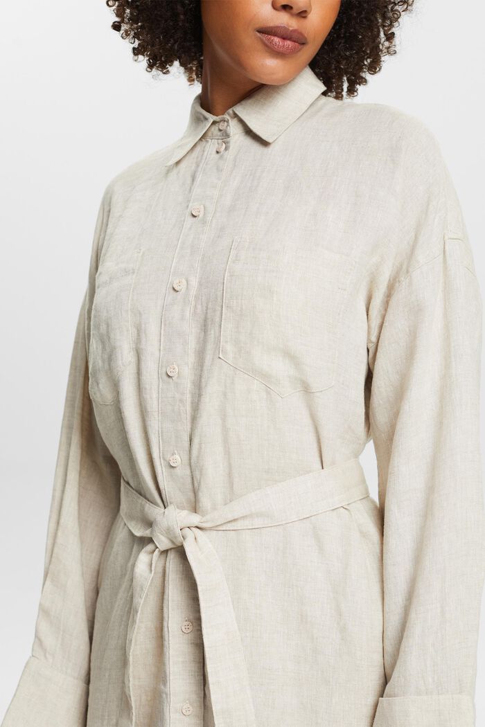 Belted Linen Midi Shirtdress, BEIGE, detail image number 3