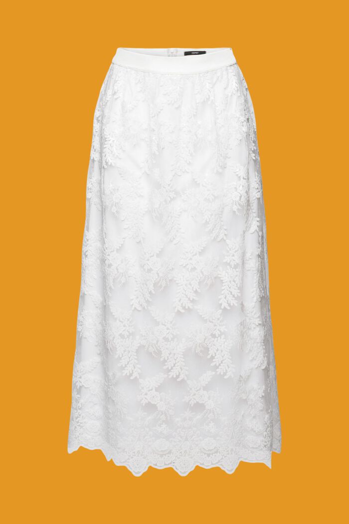 Midi skirt with embroidered flowers, OFF WHITE, detail image number 7
