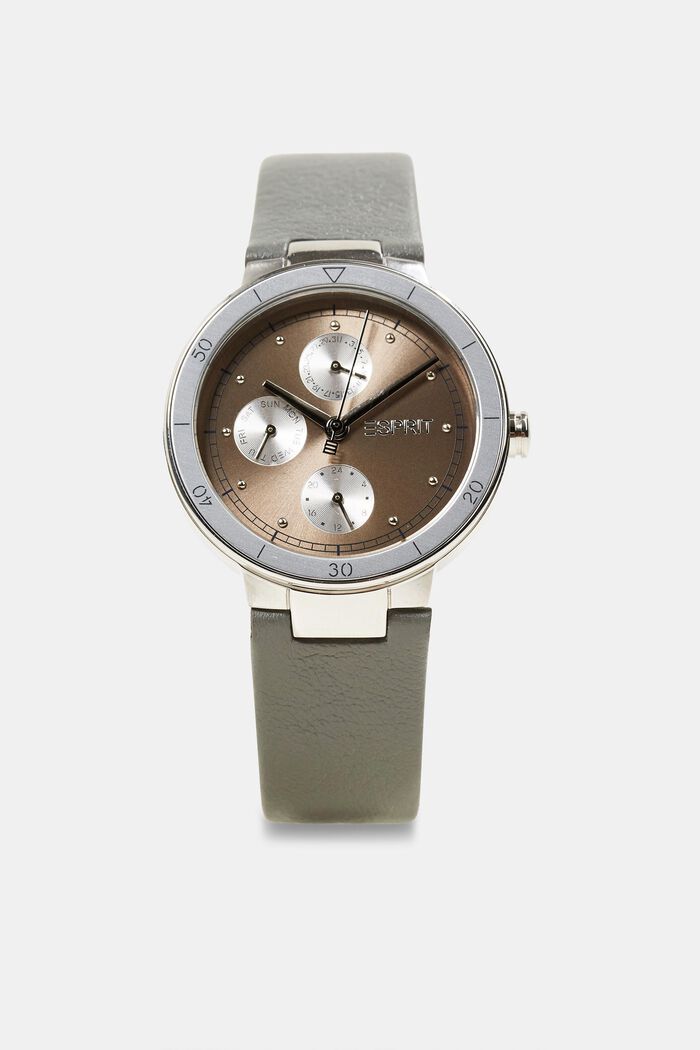 Stainless steel multifunctional watch with leather strap, GREY, overview