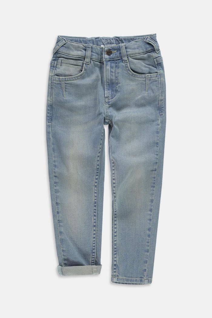 Washed stretch jeans with an adjustable waistband, BLUE BLEACHED, overview