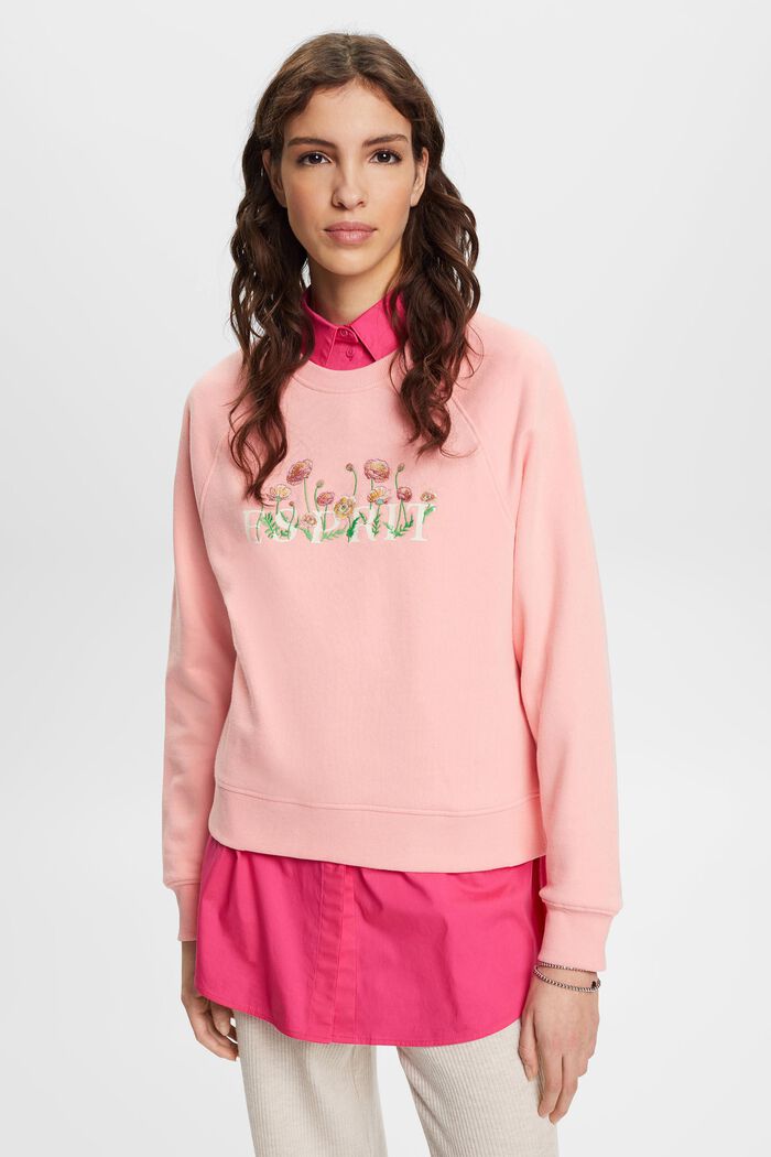 Sweatshirt with logo print and embroidered flowers, PINK, detail image number 0