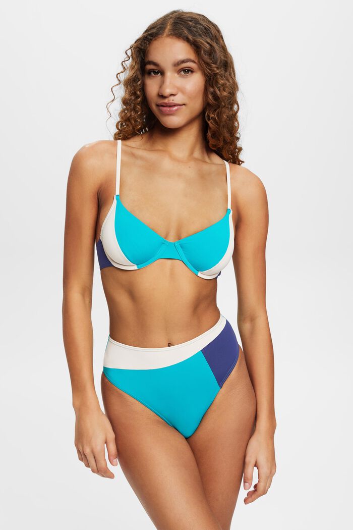 High-waist bikini bottoms in colour block design, TEAL GREEN, detail image number 0