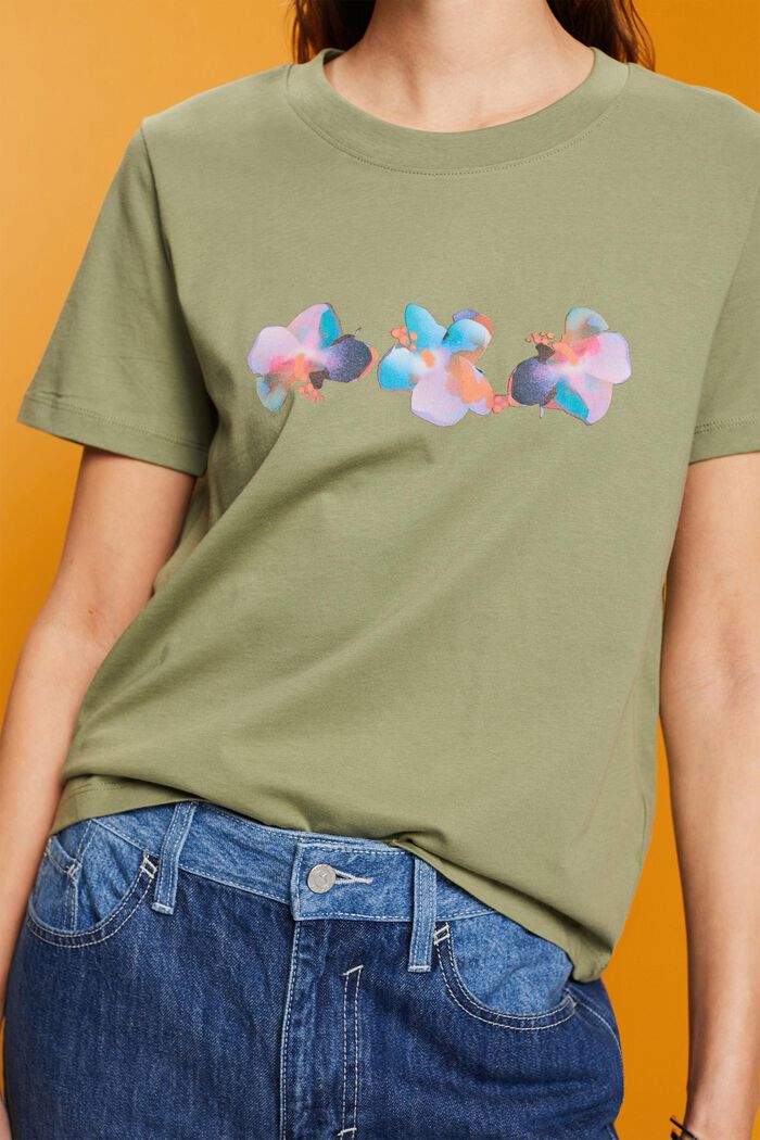 Cotton t-shirt with flower print, LIGHT KHAKI, detail image number 2