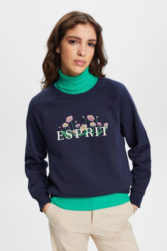 Sweatshirt with logo print and embroidered flowers, NAVY, detail image number 0