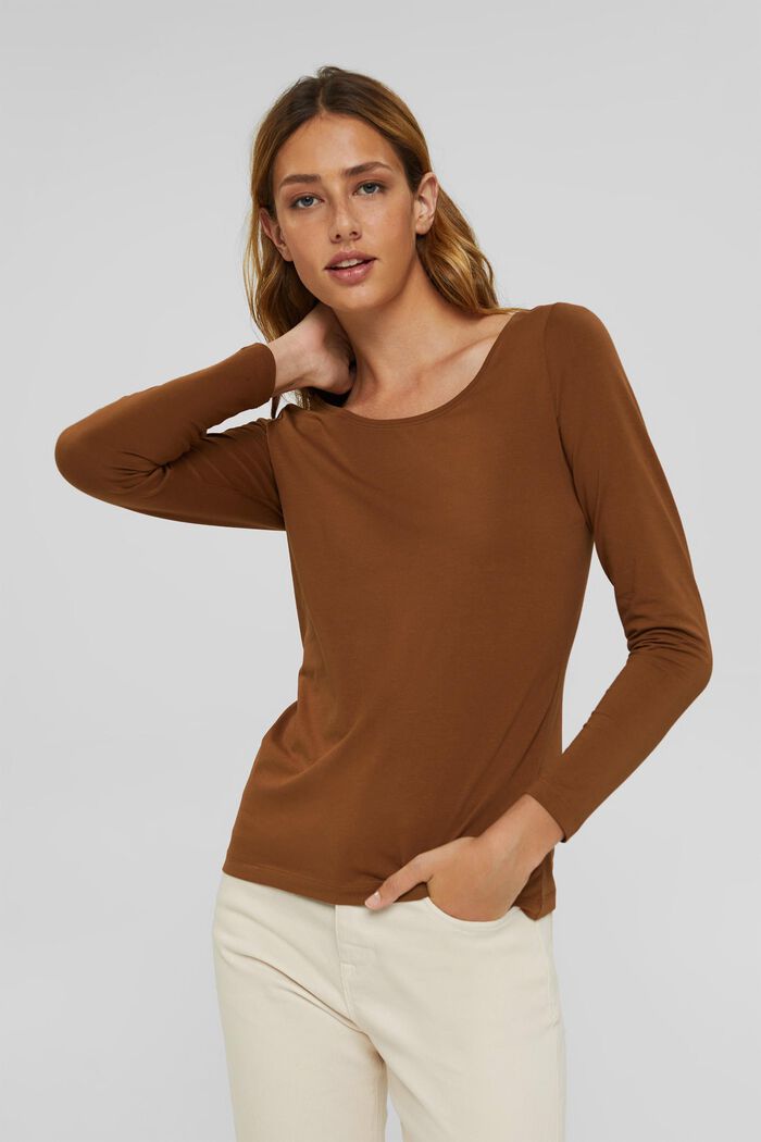 Long sleeve top made of organic cotton with stretch, TOFFEE, detail image number 0