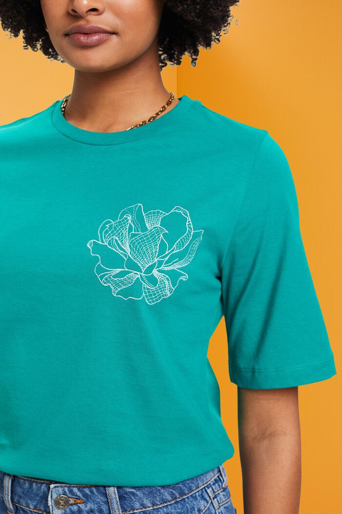 Cotton t-shirt with embroidered flower, EMERALD GREEN, detail image number 2