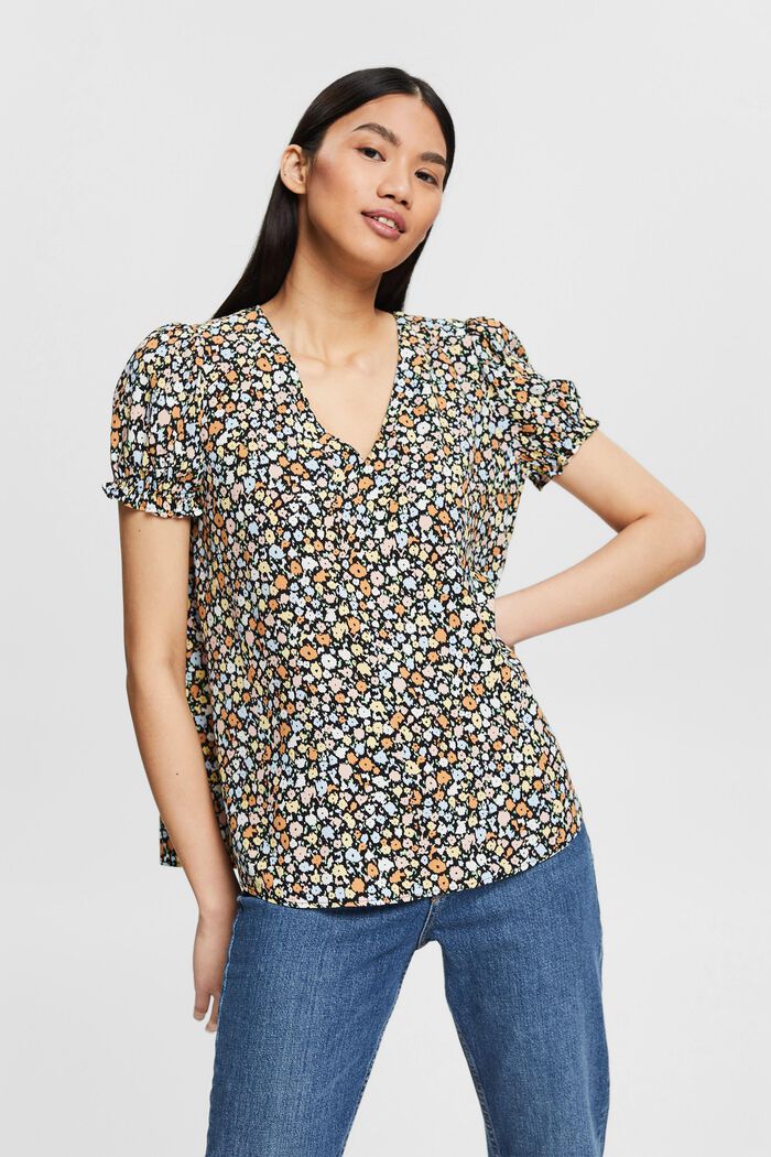 Crêpe blouse with a print, LENZING™ ECOVERO™, BLACK, detail image number 0