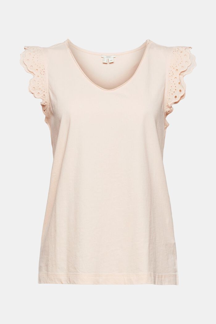 T-shirt with broderie anglaise sleeves, NUDE, overview