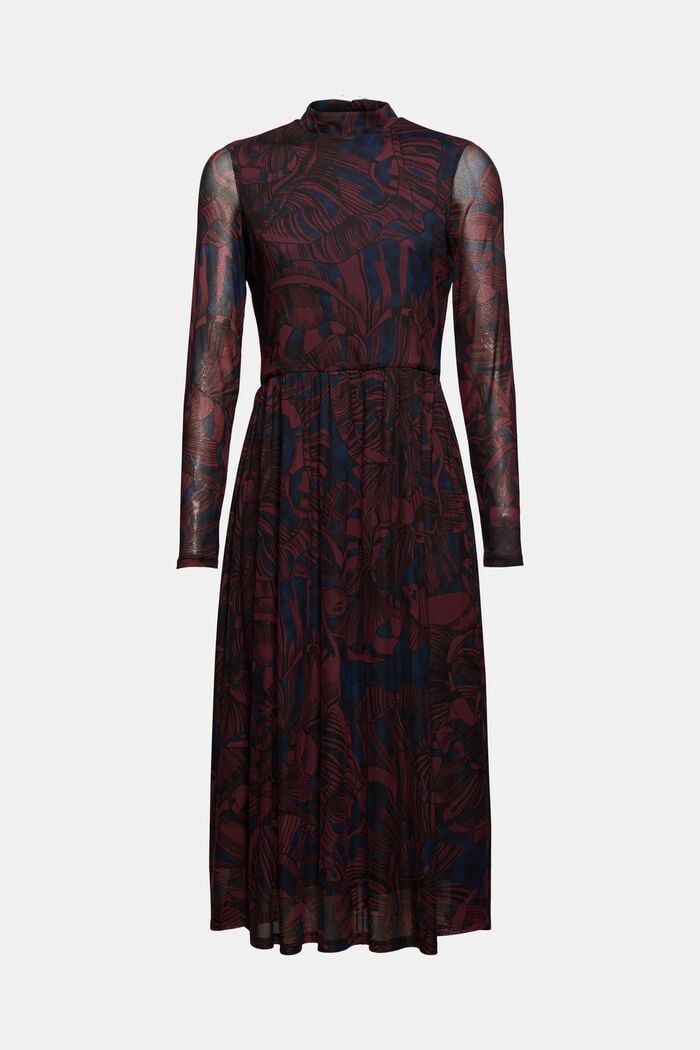 Printed midi-length mesh dress, BORDEAUX RED, overview