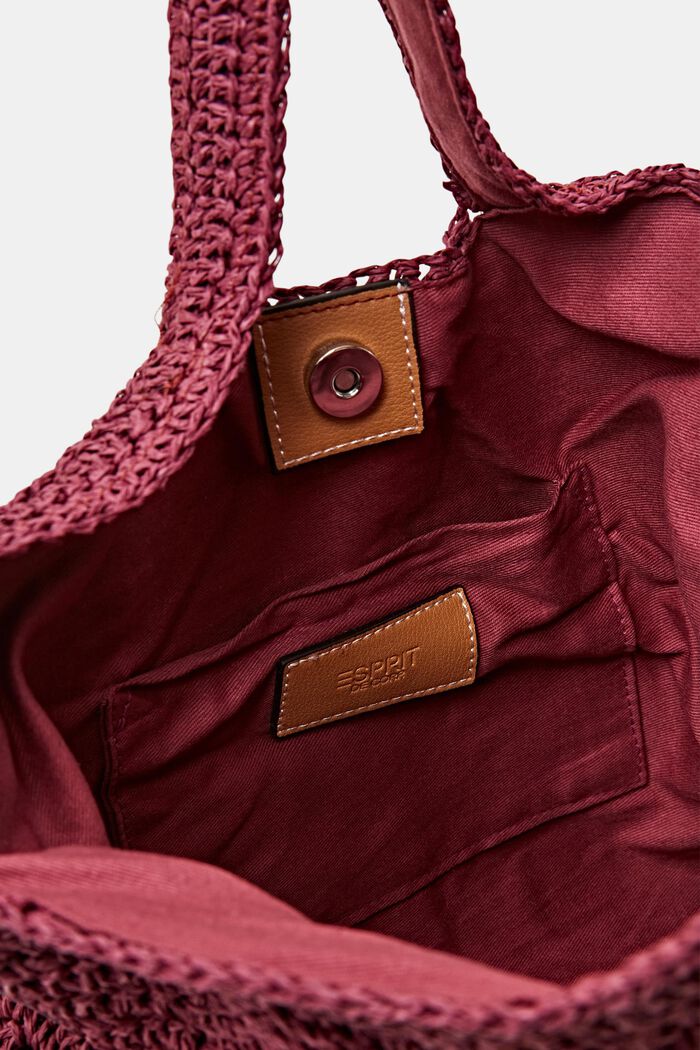Faux Leather Trim Woven Raffia Bag, BORDEAUX RED, detail image number 1