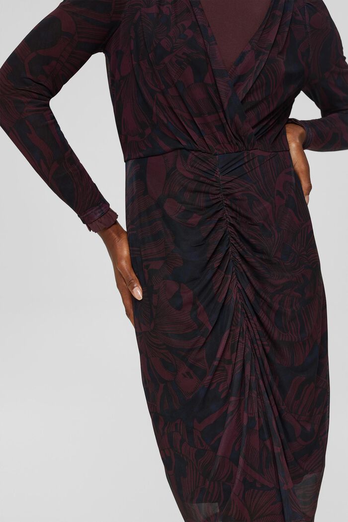 Gathered and printed mesh dress, BORDEAUX RED, detail image number 3