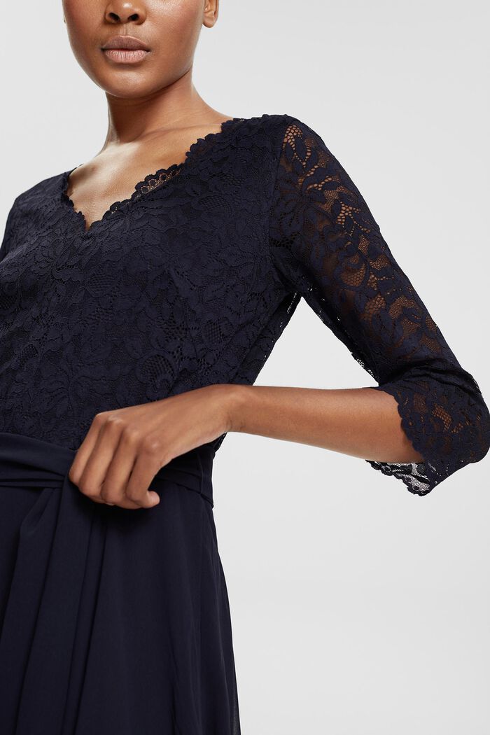 Recycled: chiffon midi dress with lace, NAVY, detail image number 0