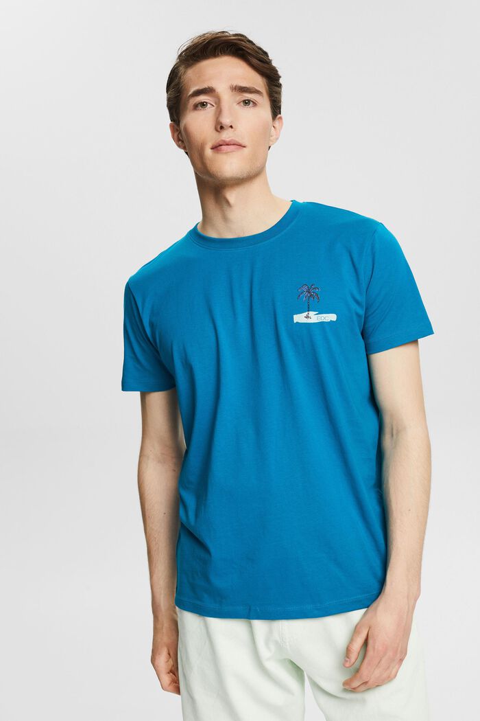 Jersey T-shirt with a small printed motif, TEAL BLUE, detail image number 0