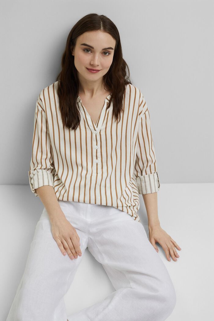 Striped Henley blouse, LIGHT KHAKI, overview