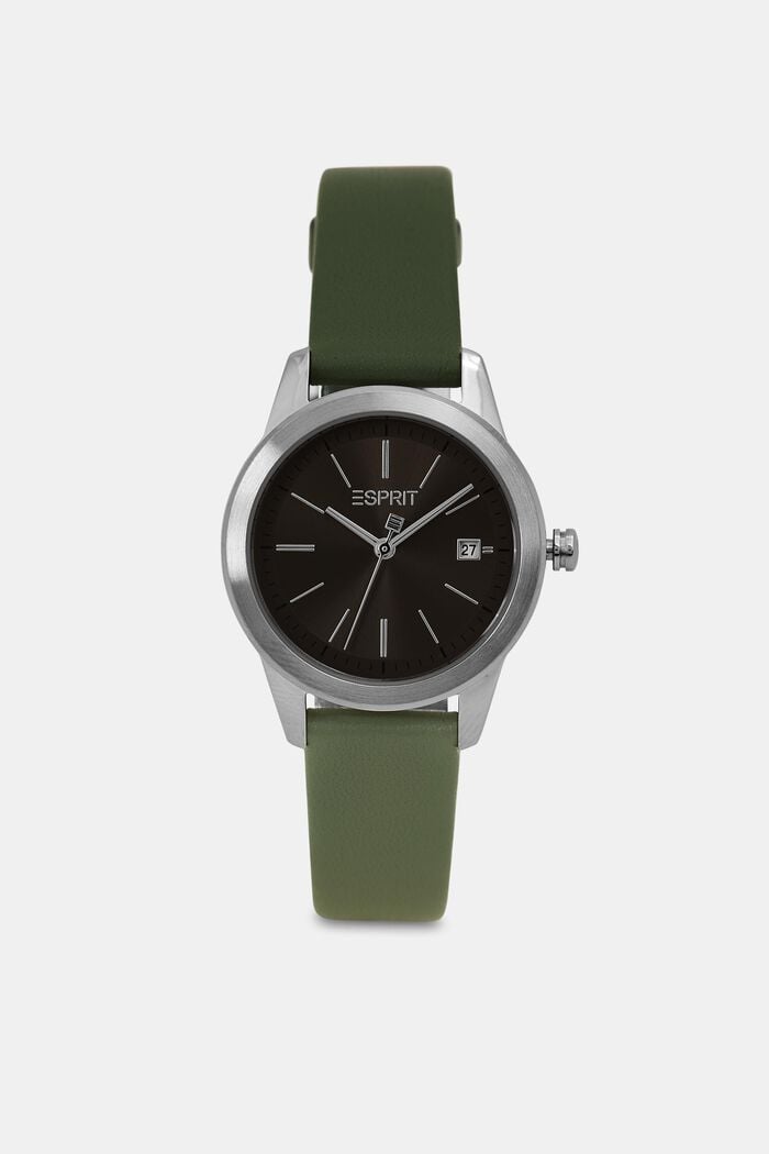 Stainless-steel watch with a leather strap, GREEN, detail image number 0