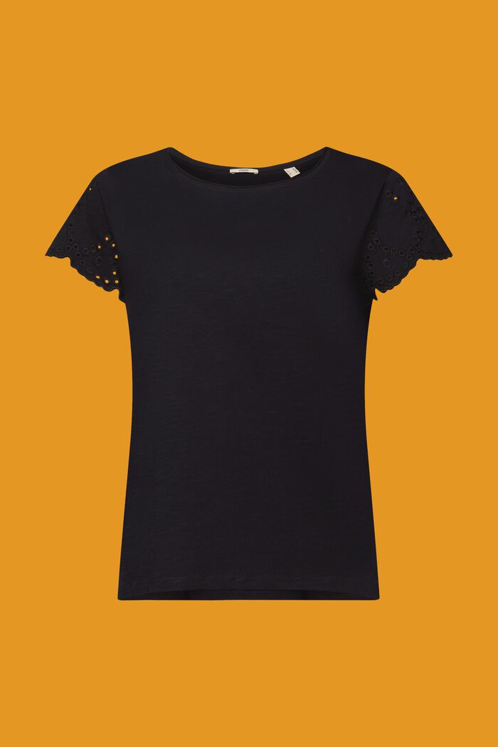 Eyelet Sleeve Cotton T-Shirt, BLACK, detail image number 7