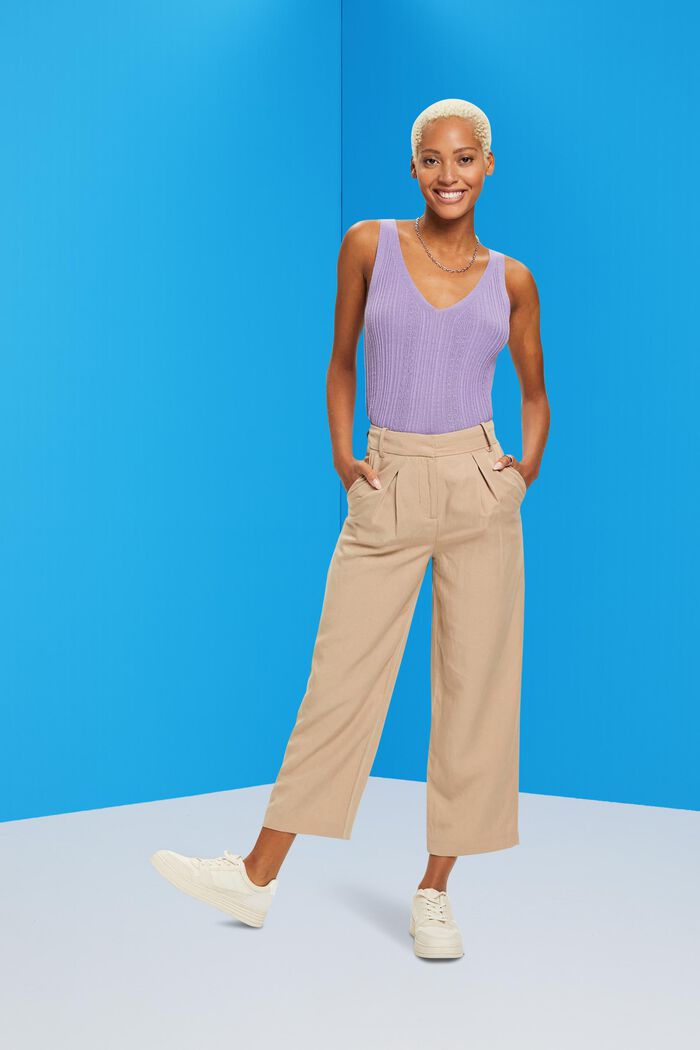 High-rise cropped wide leg trousers with linen, TAUPE, detail image number 4