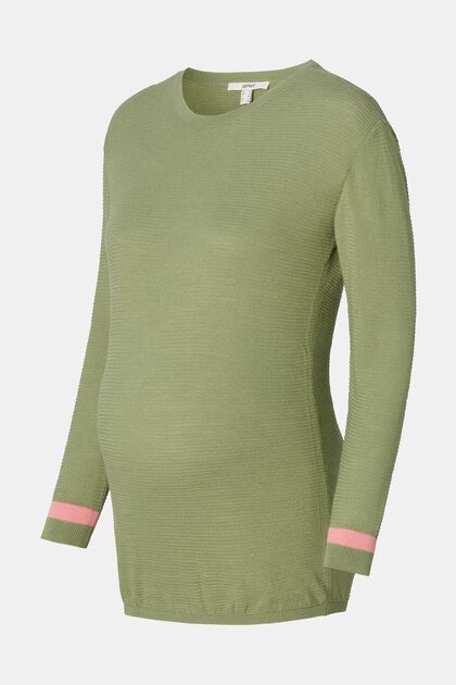 Textured sweater with striped details, REAL OLIVE, overview