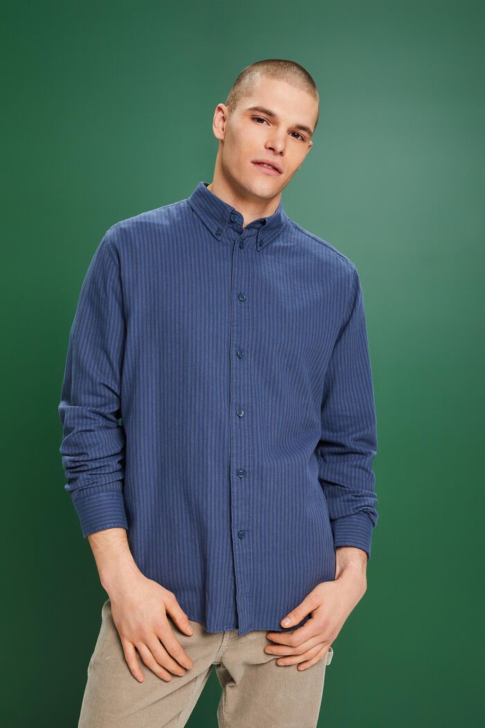 Pinstriped Cotton Flannel Shirt, GREY BLUE, detail image number 0