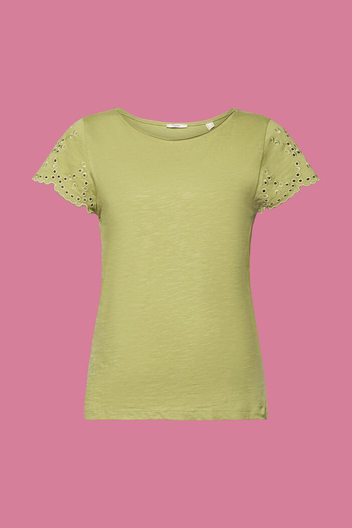 Eyelet Sleeve Cotton T-Shirt, PISTACHIO GREEN, detail image number 6