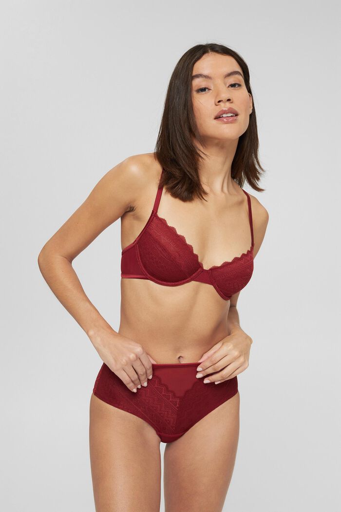 Recycled: unpadded underwire bra with lace, CHERRY RED, detail image number 0