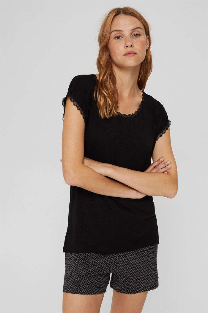 Pyjama top with lace, LENZING™ ECOVERO™, BLACK, overview