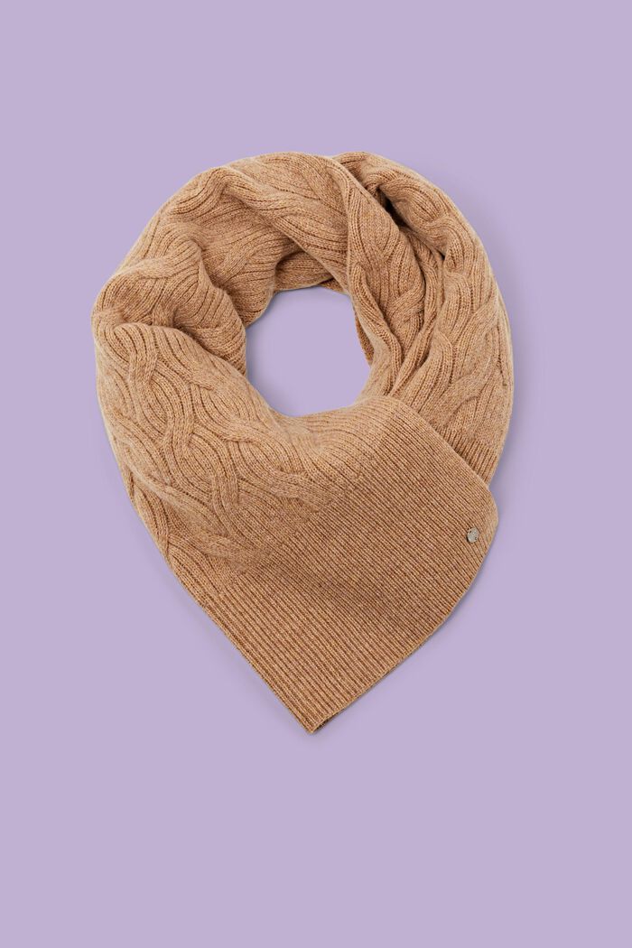 Cashmere Cable Knit Scarf, CAMEL, detail image number 0