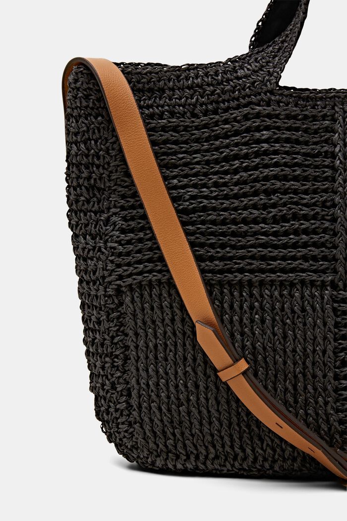 Faux Leather Trim Woven Raffia Bag, BLACK, detail image number 1