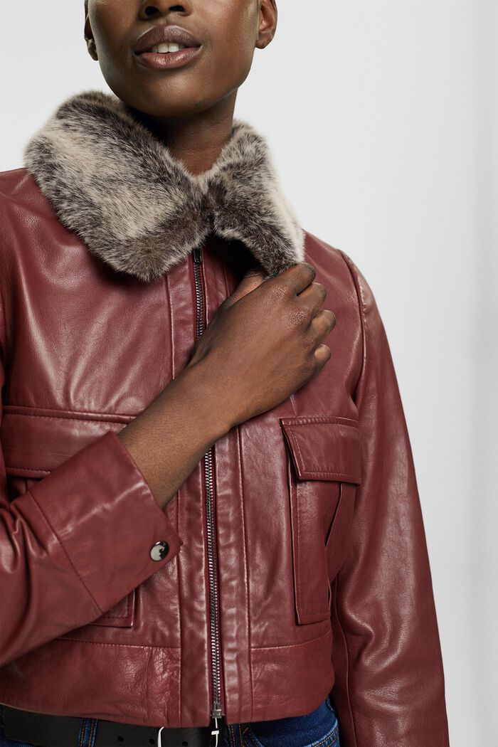 Leather jacket with fake fur collar, RUST BROWN, detail image number 0