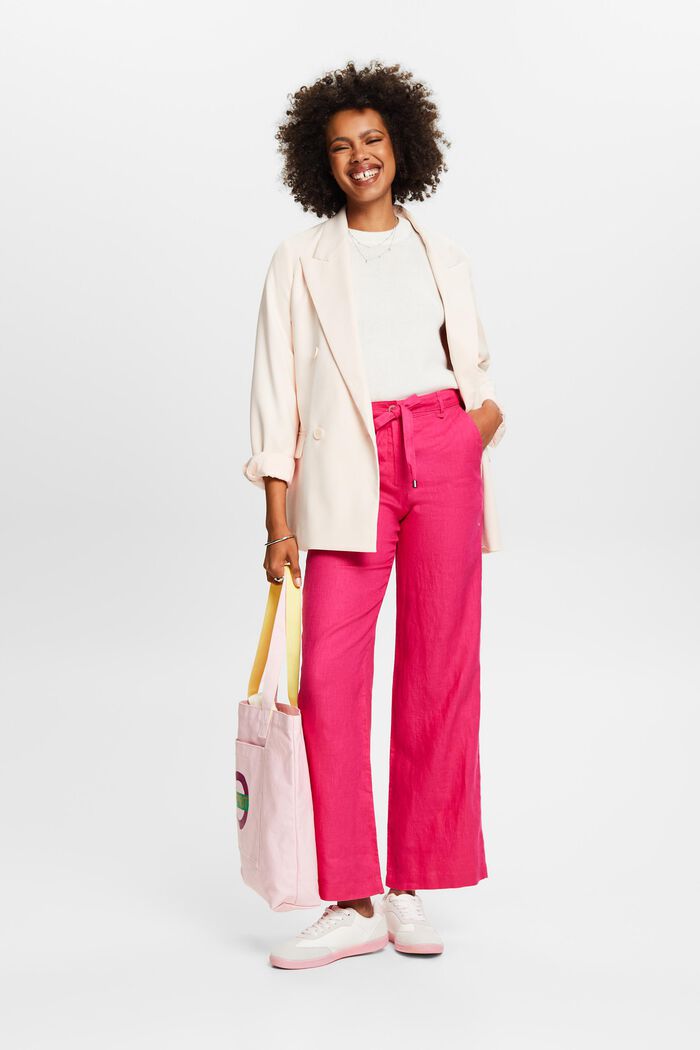 Linen Belted Wide Leg Pants, PINK FUCHSIA, detail image number 5