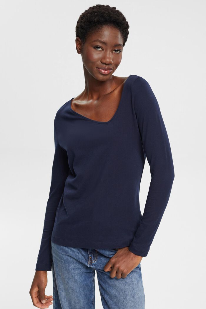 Long-sleeved top with asymmetric neckline, NAVY, detail image number 0